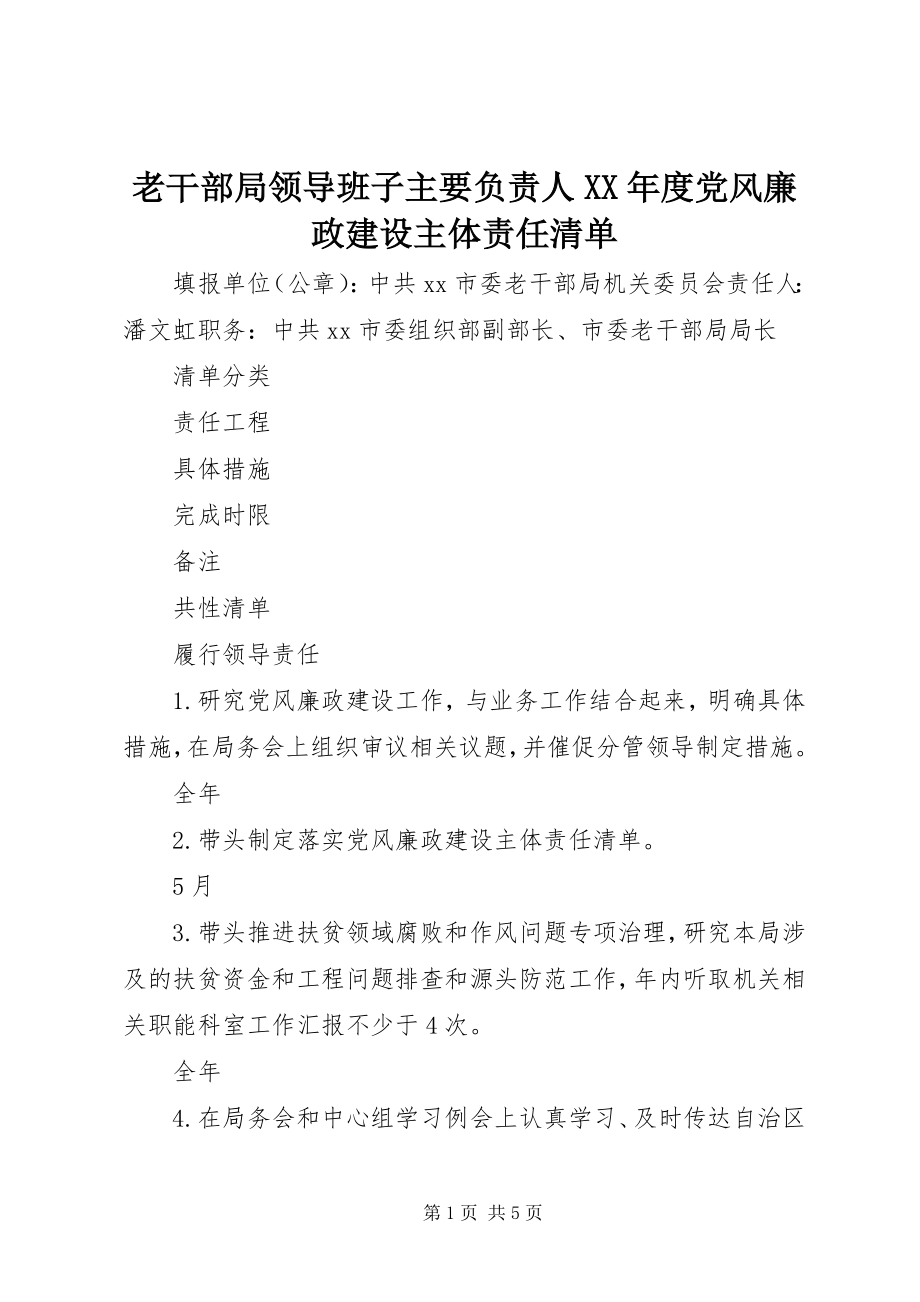 2023年老干部局领导班子主要负责人度党风廉政建设主体责任清单.docx_第1页