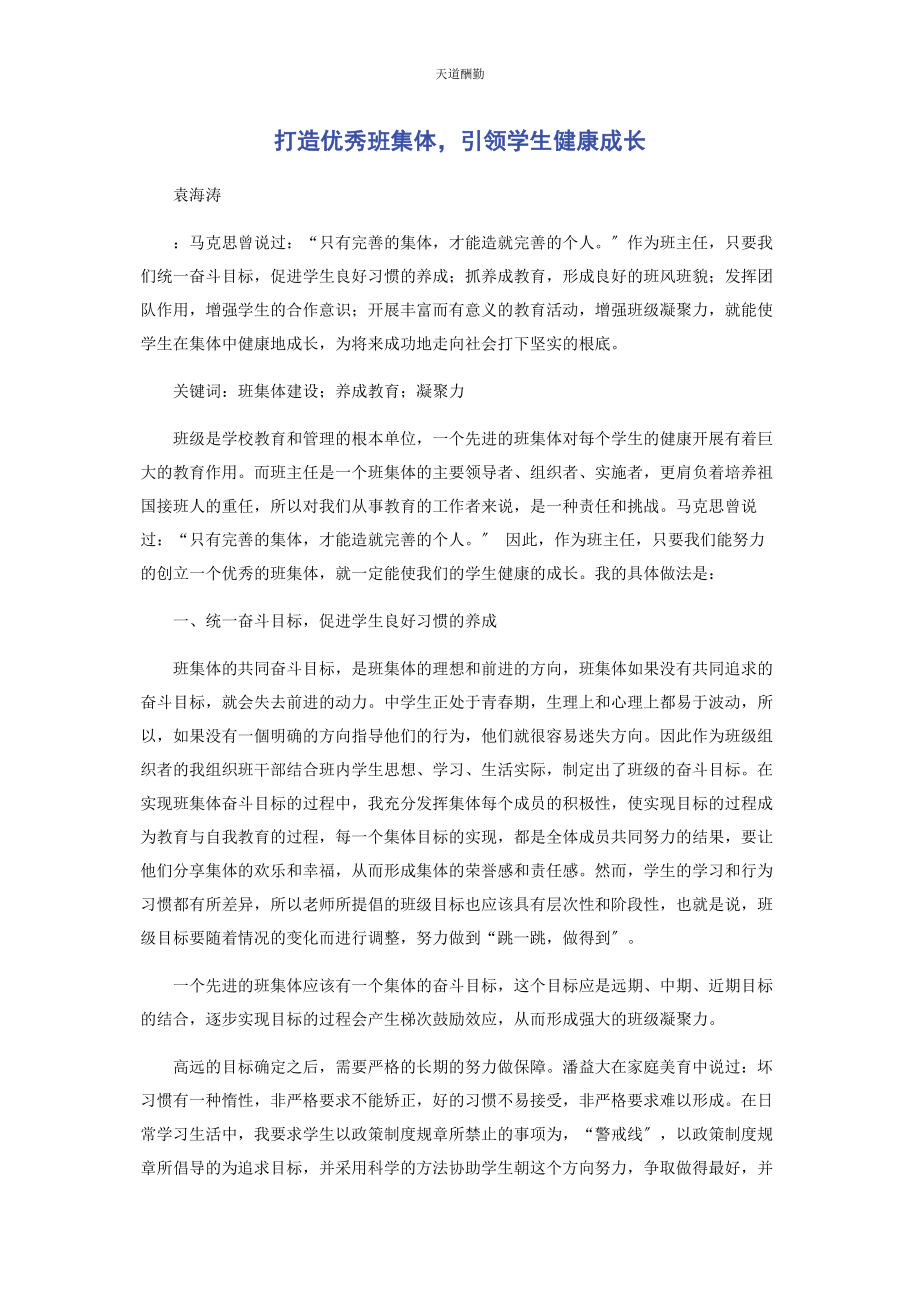 2023年打造优秀班集体引领学生健康成长范文.docx_第1页