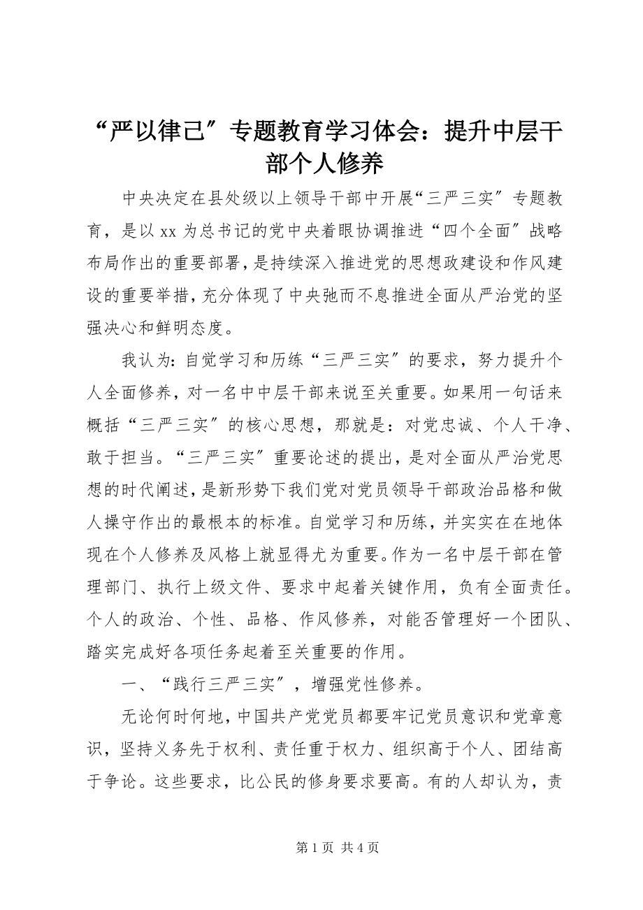 2023年严以律己专题教育学习体会提升中层干部个人修养.docx_第1页