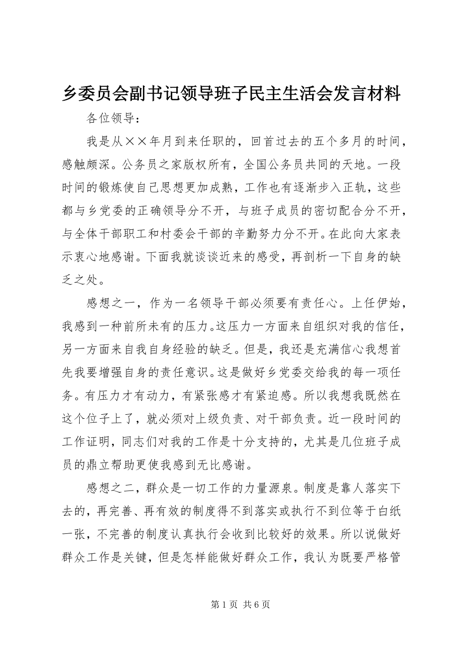 2023年乡委员会副书记领导班子民主生活会讲话材料.docx_第1页