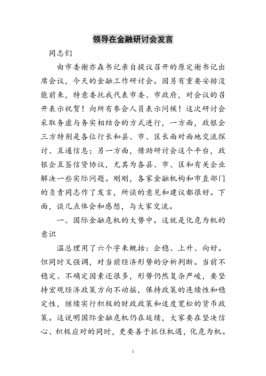 2023年领导在金融研讨会发言范文.doc_第1页