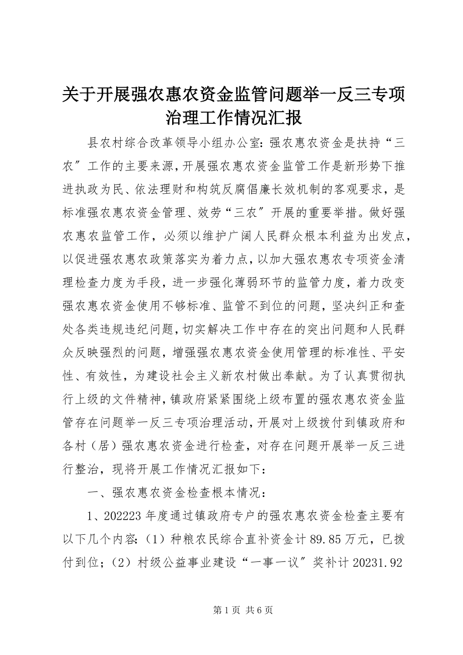 2023年开展强农惠农资金监管问题举一反三专项治理工作情况汇报.docx_第1页