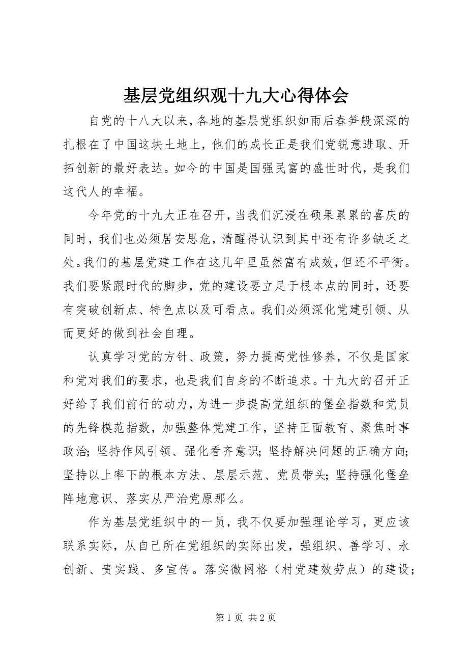 2023年基层党组织观十九大心得体会.docx_第1页