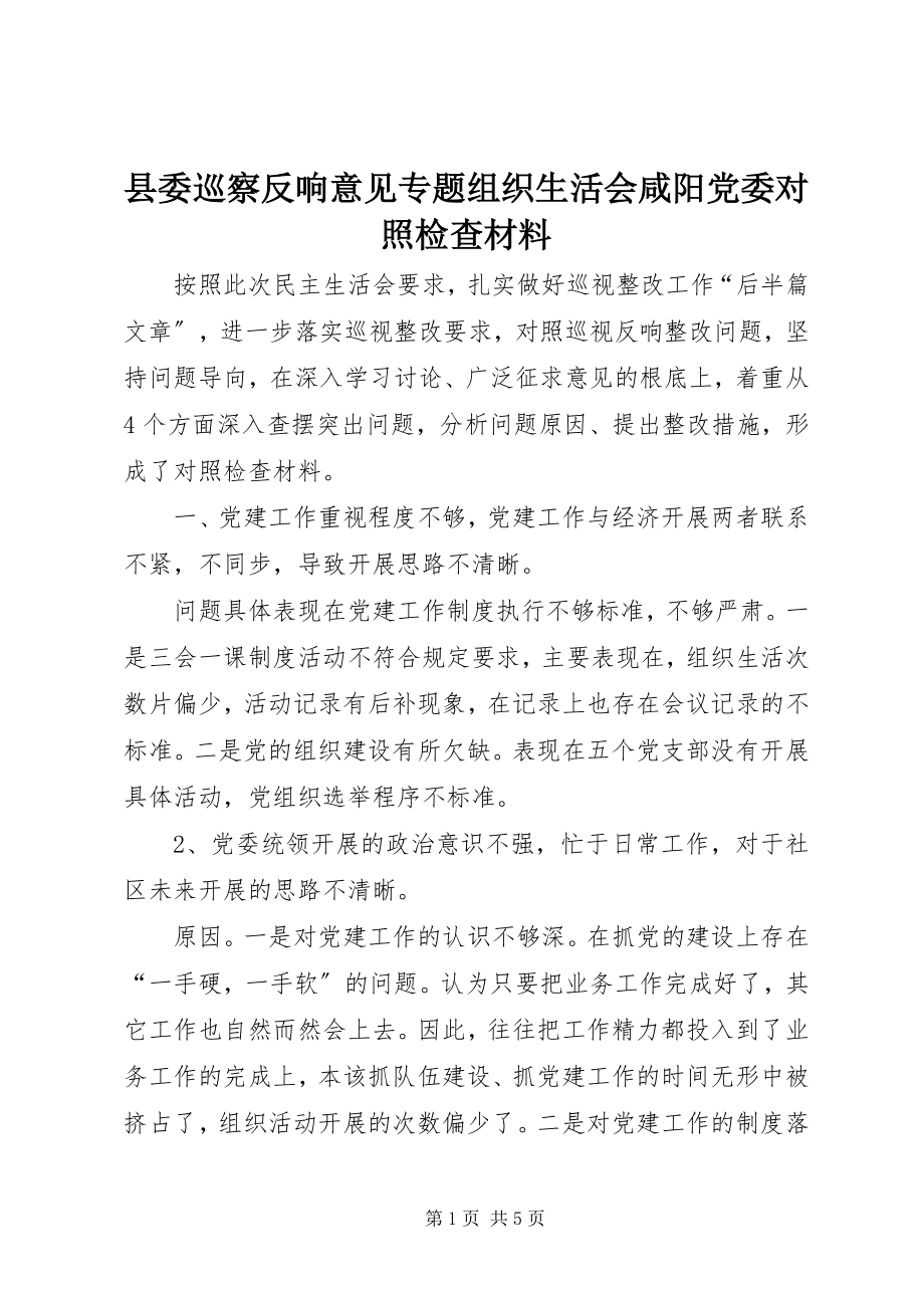 2023年县委巡察反馈意见专题组织生活会咸阳党委对照检查材料.docx_第1页