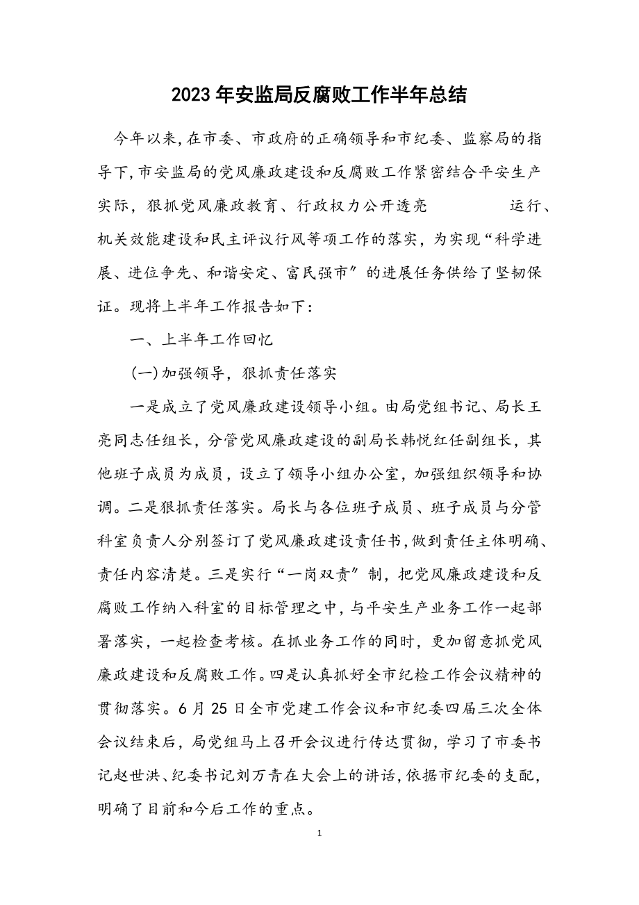 2023年安监局反腐败工作半年总结.docx_第1页