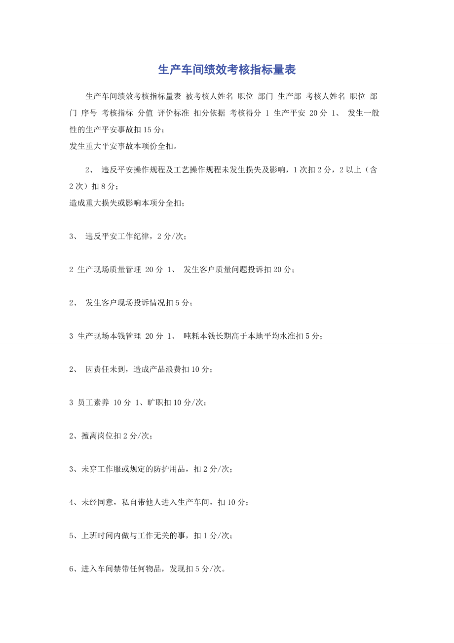 2023年生产车间绩效考核指标量表.docx_第1页