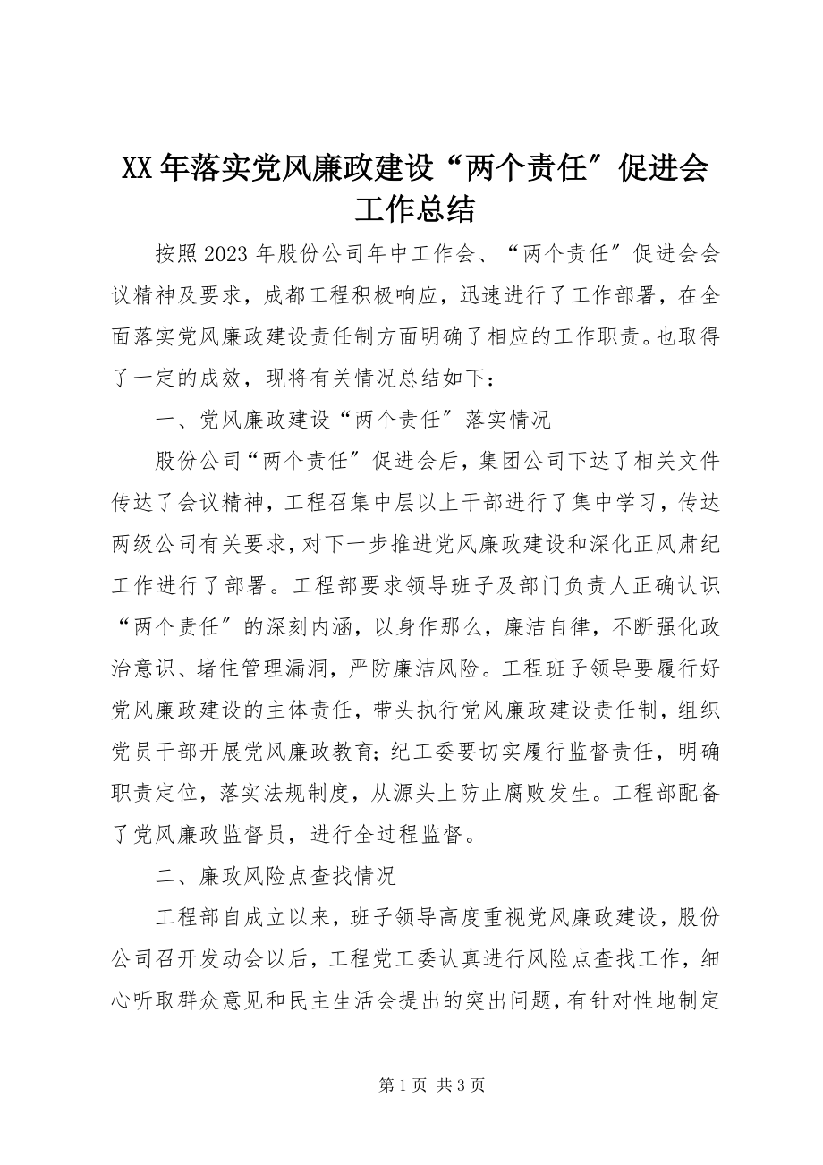 2023年落实党风廉政建设“两个责任”促进会工作总结.docx_第1页