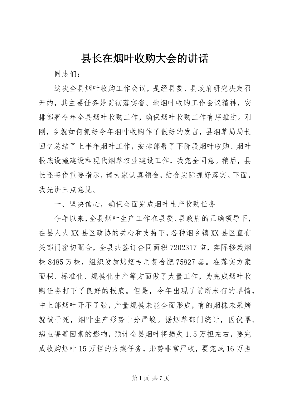 2023年县长在烟叶收购大会的致辞.docx_第1页