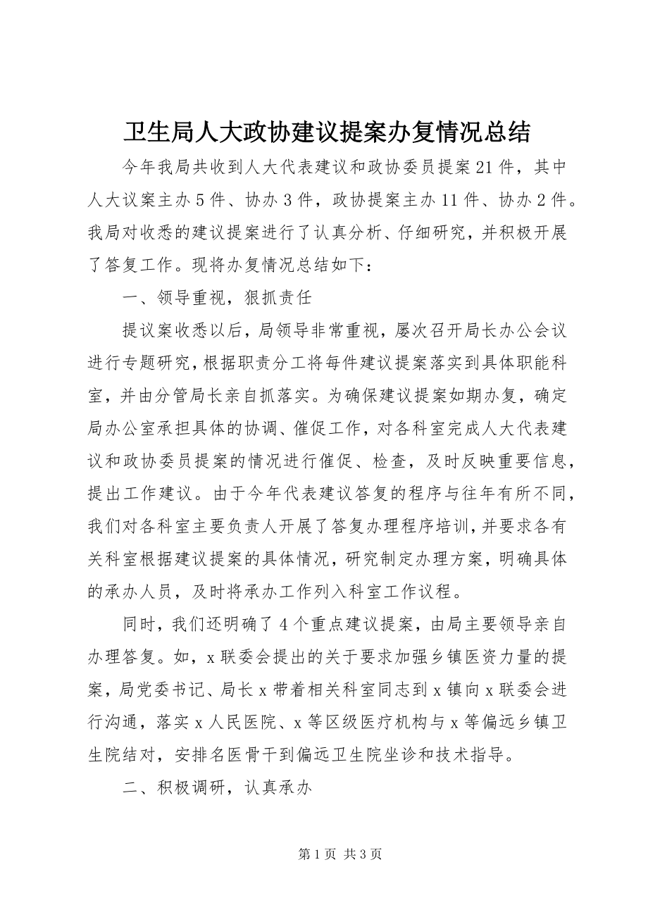 2023年卫生局人大政协建议提案办复情况总结.docx_第1页