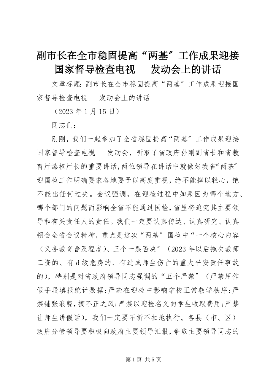 2023年副市长在全市巩固提高“两基”工作成果迎接国家督导检查电视电话动员会上的致辞.docx_第1页