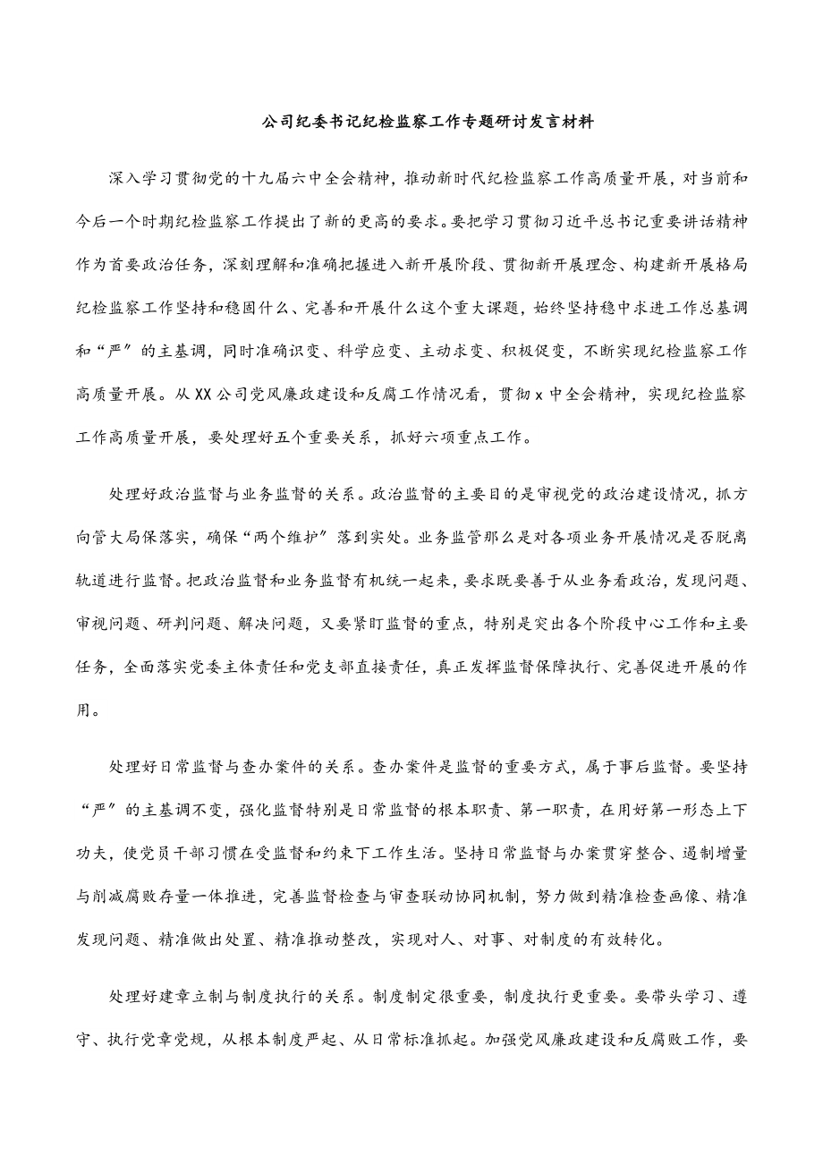 2023年公司纪委书记纪检监察工作专题研讨发言材料.docx_第1页