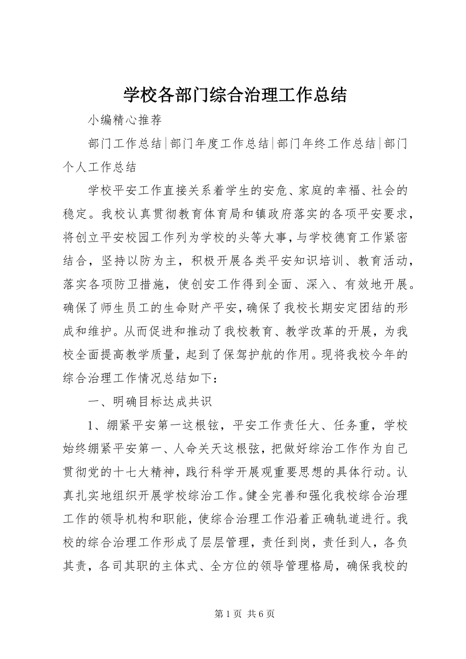 2023年学校各部门综合治理工作总结.docx_第1页