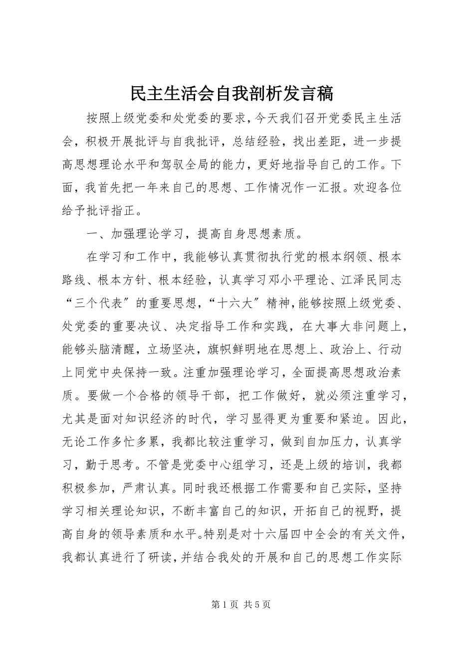 2023年民主生活会自我剖析讲话稿.docx_第1页