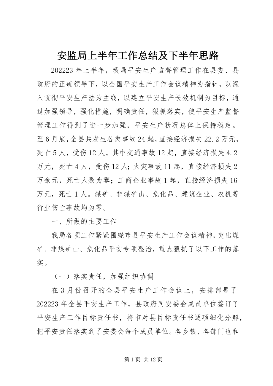 2023年安监局上半年工作总结及下半年思路新编.docx_第1页