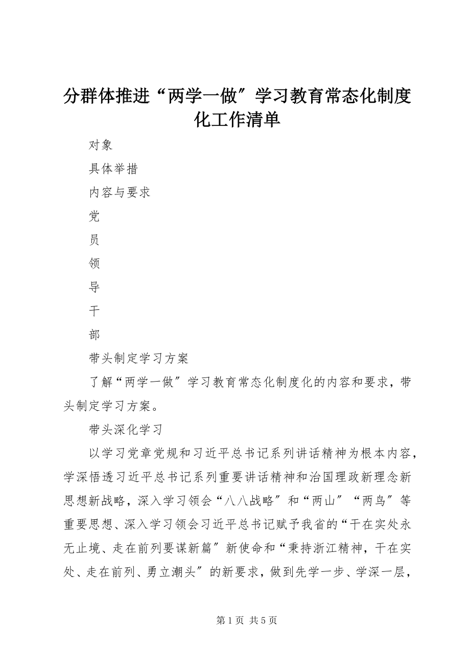 2023年分群体推进“两学一做”学习教育常态化制度化工作清单.docx_第1页