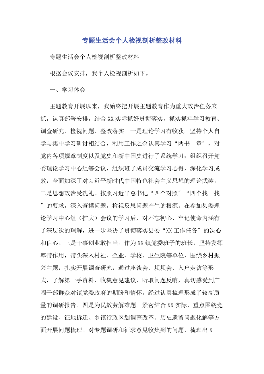 2023年专题生活会个人检视剖析整改材料.docx_第1页