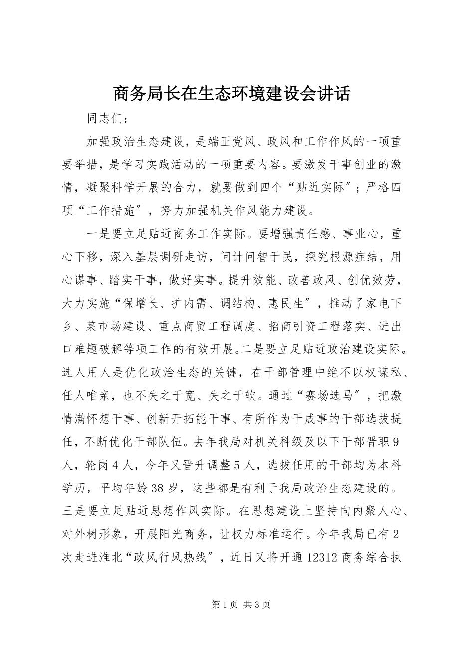 2023年商务局长在生态环境建设会致辞.docx_第1页