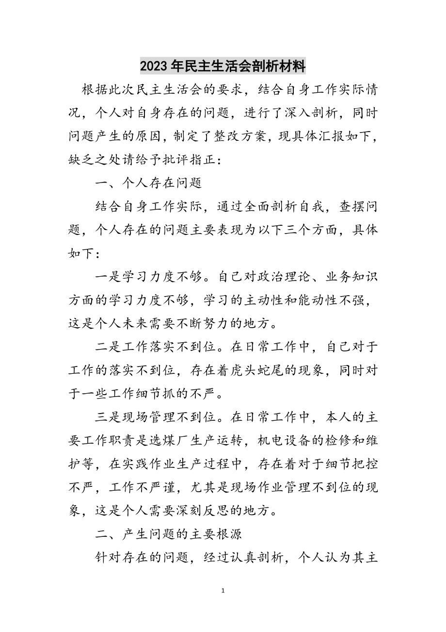 2023年年民主生活会剖析材料范文.doc_第1页