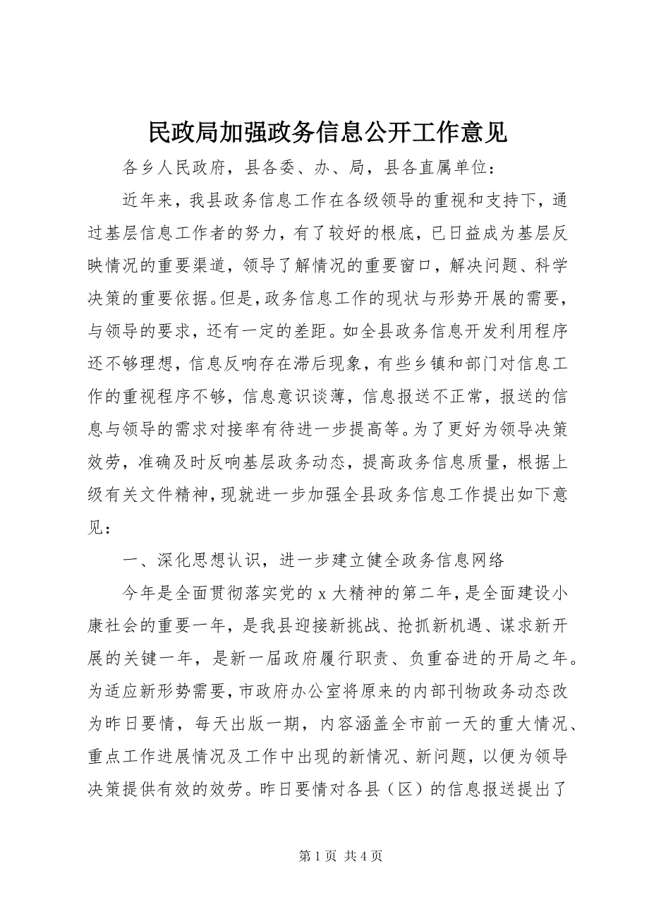 2023年民政局加强政务信息公开工作意见.docx_第1页