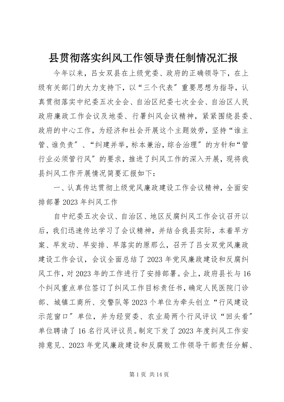 2023年县贯彻落实纠风工作领导责任制情况汇报.docx_第1页