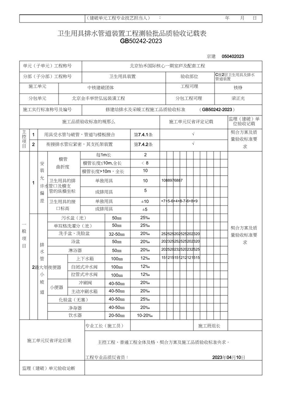 2023年卫生器具排水管道安装工程检验批质量验收记录表.docx_第2页