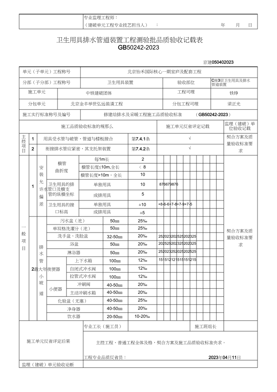 2023年卫生器具排水管道安装工程检验批质量验收记录表.docx_第3页