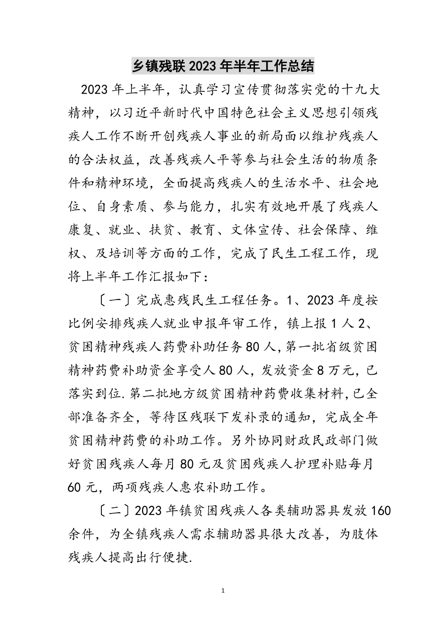 2023年乡镇残联年半年工作总结范文.doc_第1页