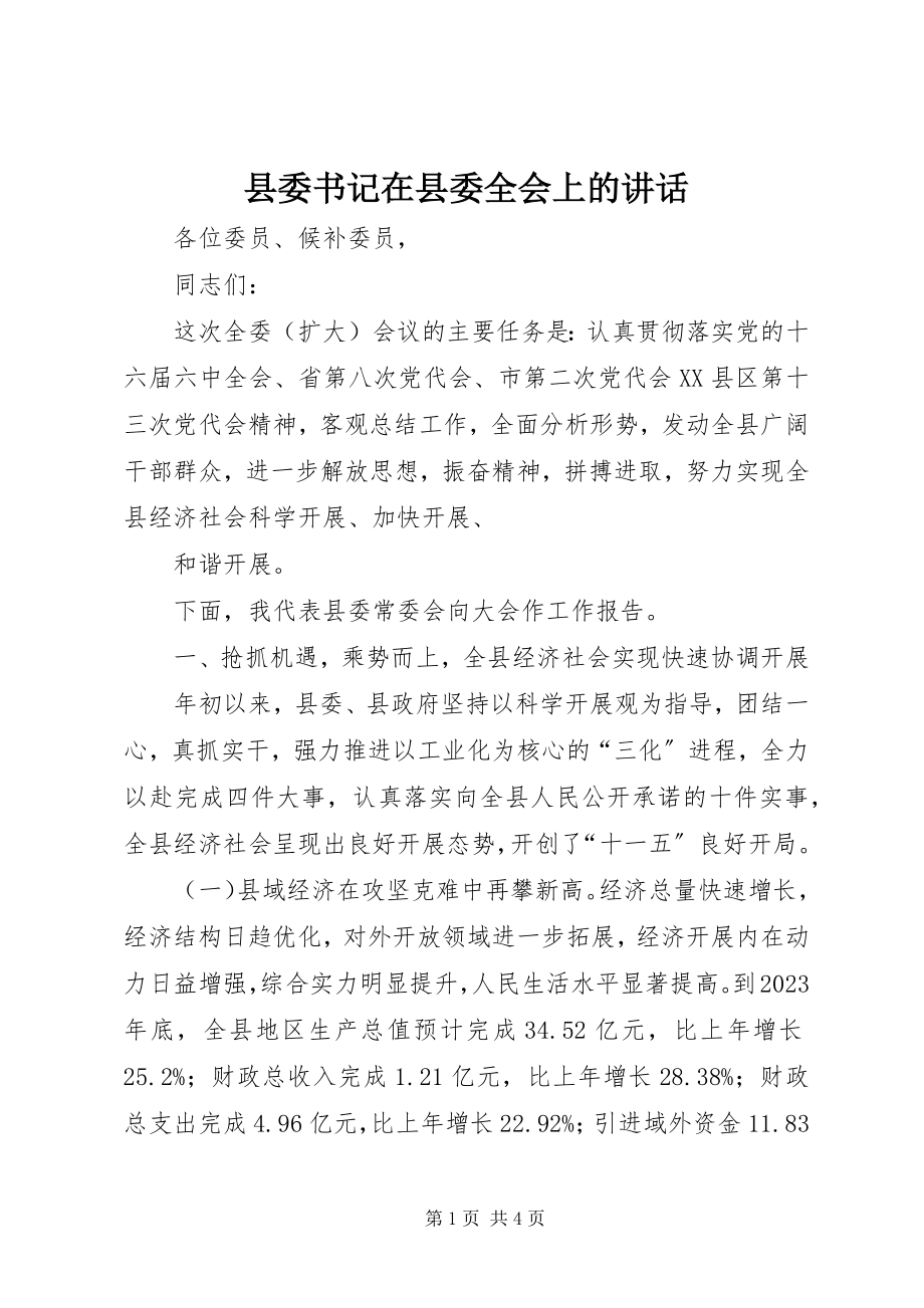 2023年县委书记在县委全会上的致辞.docx_第1页