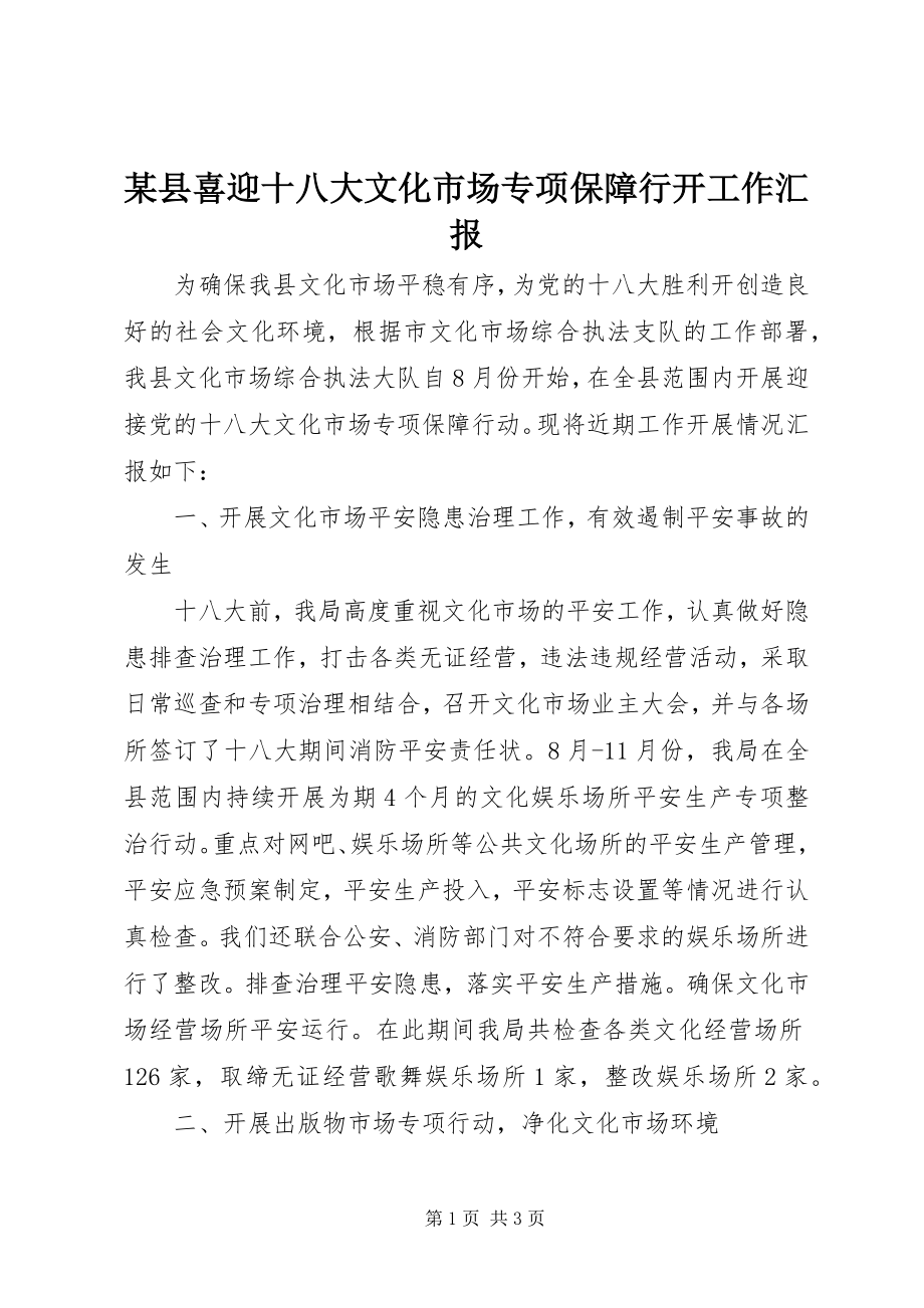 2023年xx县喜迎十八大文化市场专项保障行动工作汇报.docx_第1页