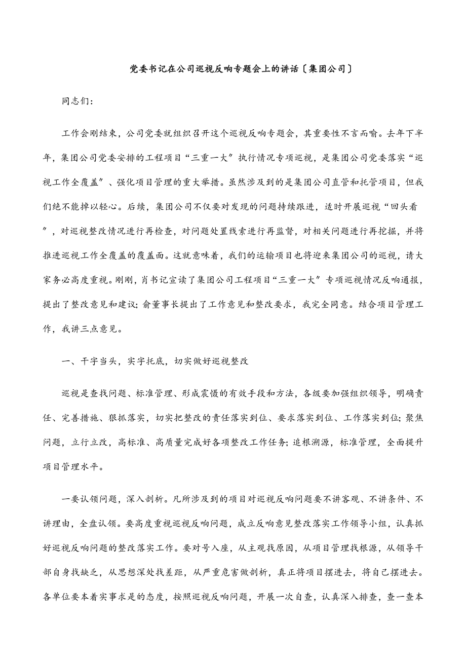 党委书记在公司巡视反馈专题会上的讲话（集团公司）.docx_第1页