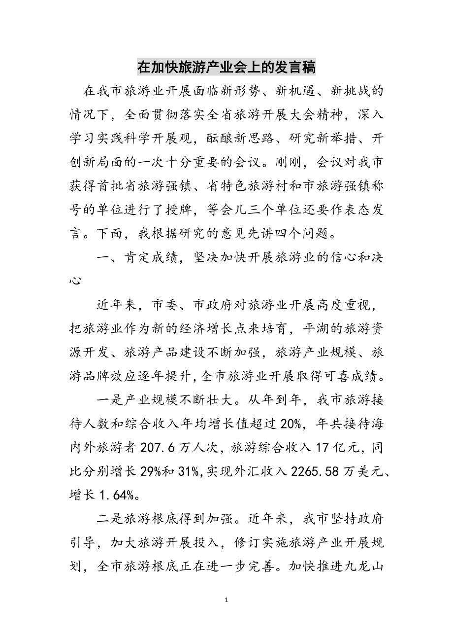 2023年在加快旅游产业会上的发言稿范文.doc_第1页