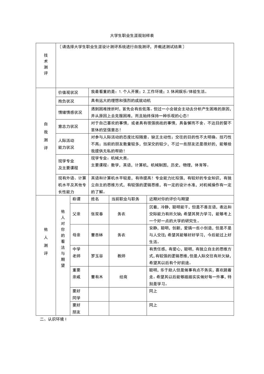 2023年实践指导课二 大学生职业生涯规划样表.doc_第1页