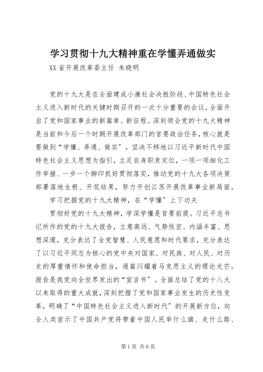 2023年学习贯彻十九大精神重在学懂弄通做实.docx_第1页