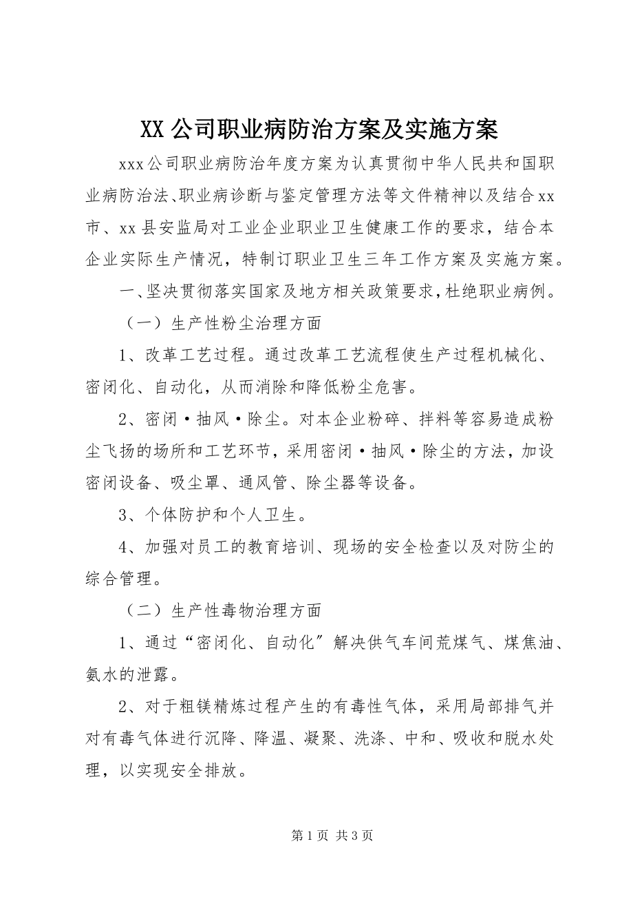 2023年XX公司职业病防治计划及实施方案.docx_第1页