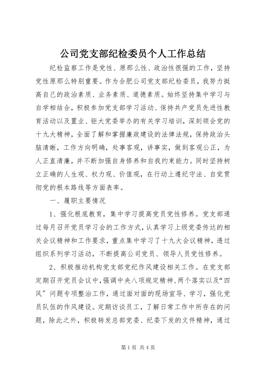 2023年公司党支部纪检委员个人工作总结.docx_第1页