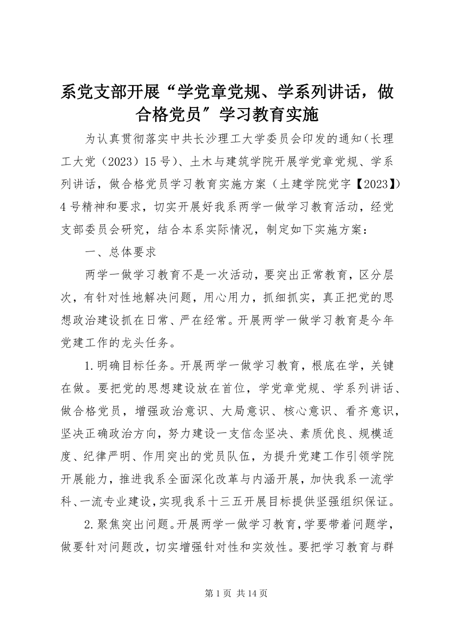 2023年系党支部开展“学党章党规学系列致辞做合格党员”学习教育实施.docx_第1页