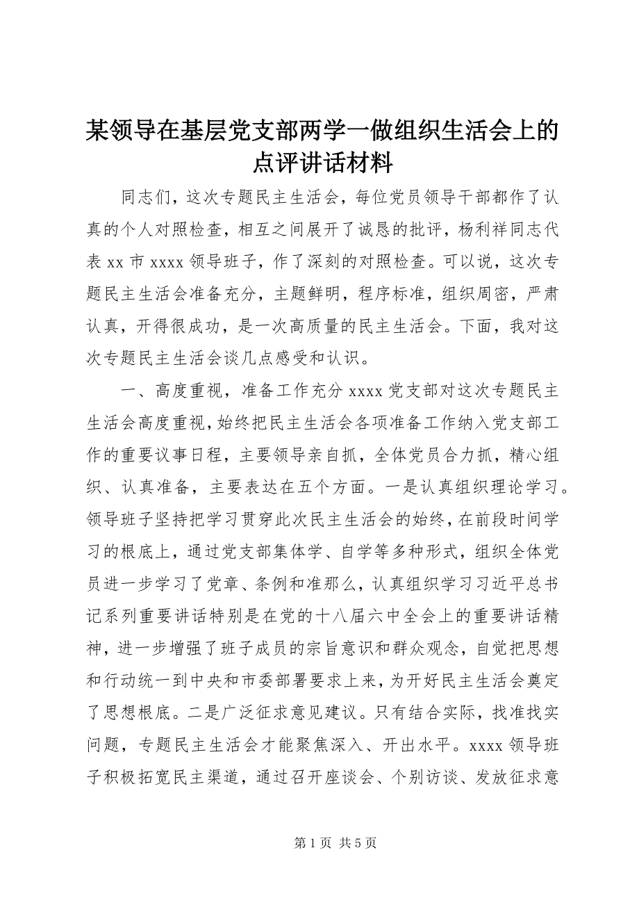 2023年某领导在基层党支部两学一做组织生活会上的点评致辞材料.docx_第1页