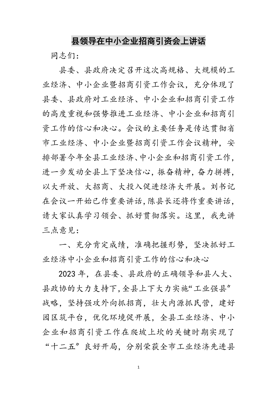 2023年县领导在中小企业招商引资会上讲话范文.doc_第1页