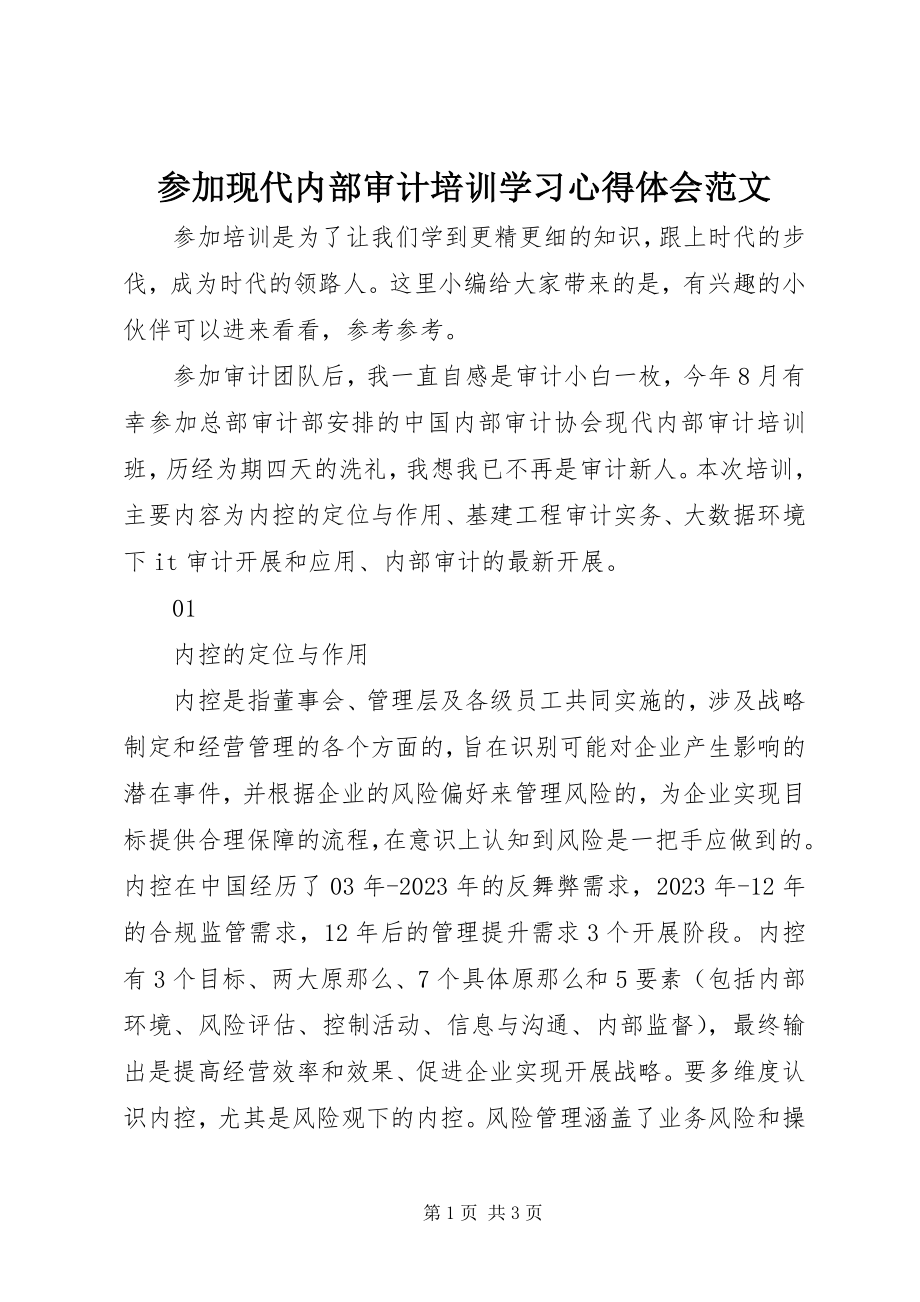 2023年参加现代内部审计培训学习心得体会新编.docx_第1页