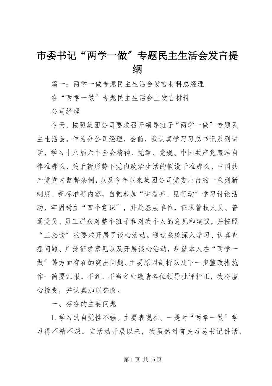 2023年市委书记“两学一做”专题民主生活会讲话提纲.docx_第1页