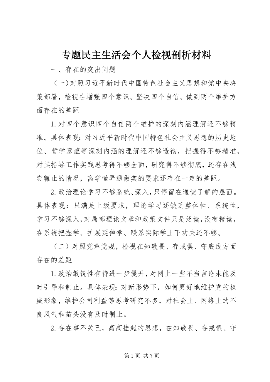 2023年专题民主生活会个人检视剖析材料.docx_第1页