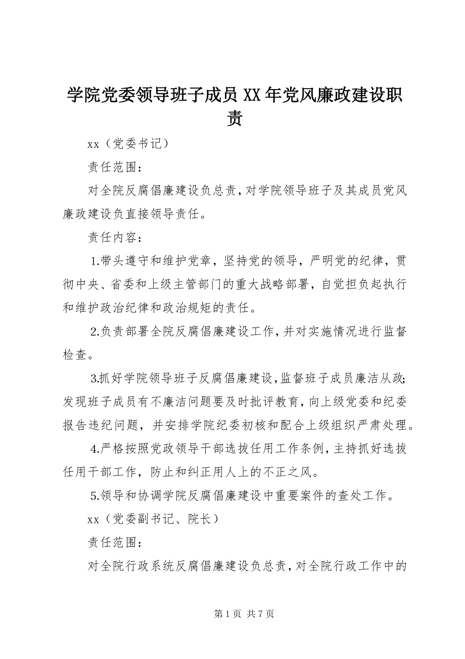 2023年学院党委领导班子成员党风廉政建设职责.docx_第1页