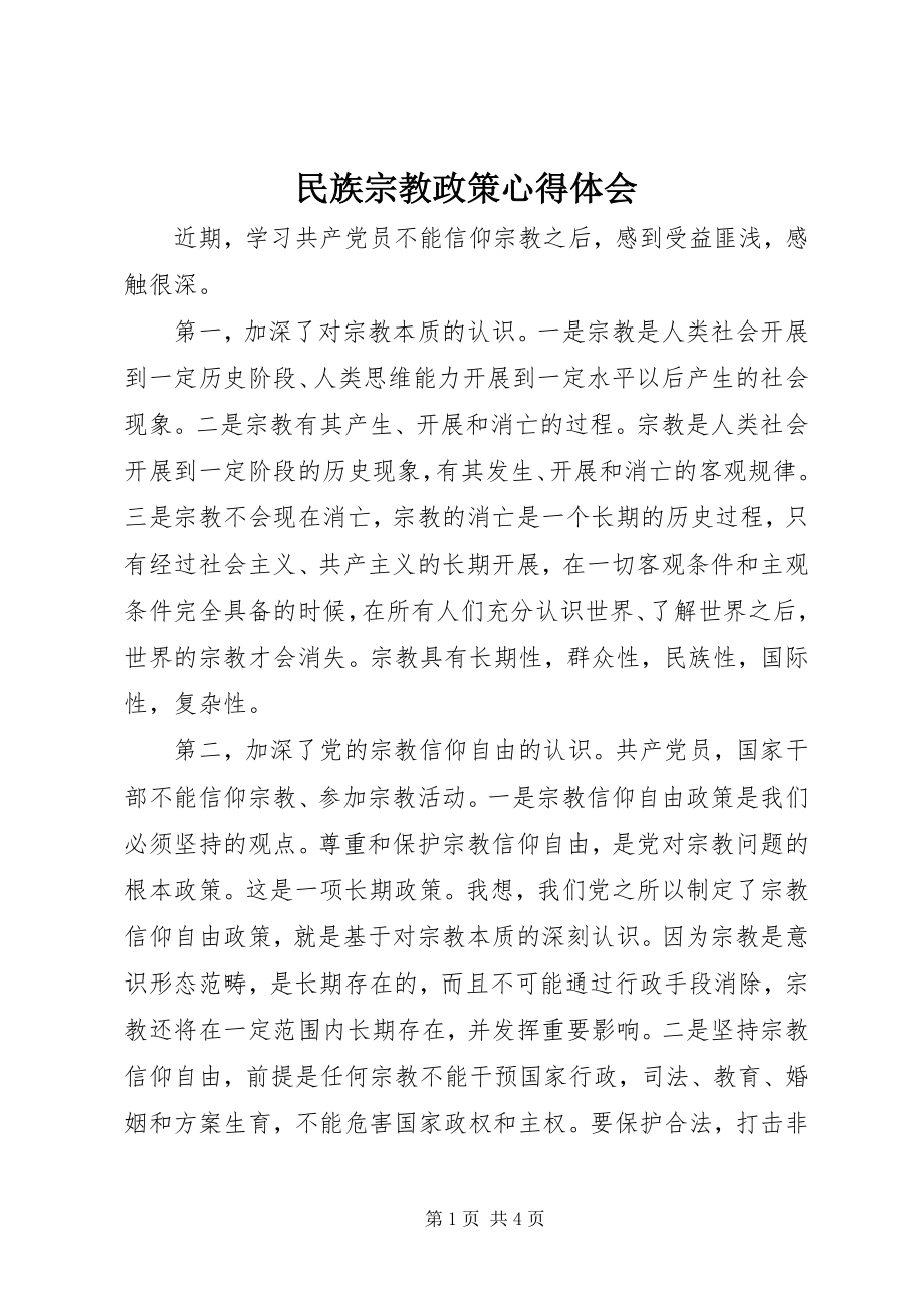 2023年民族宗教政策心得体会.docx_第1页