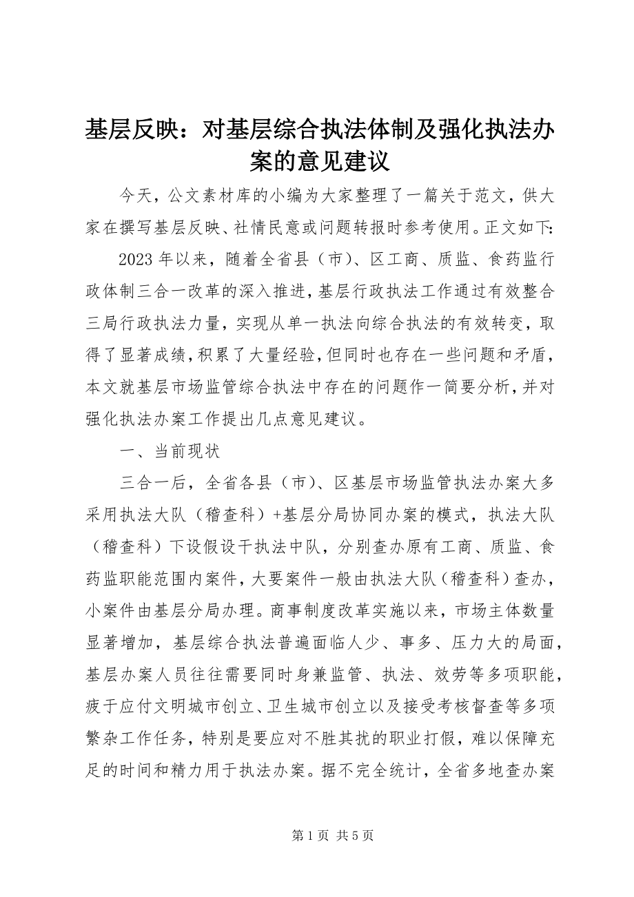 2023年基层反映对基层综合执法体制及强化执法办案的意见建议.docx_第1页