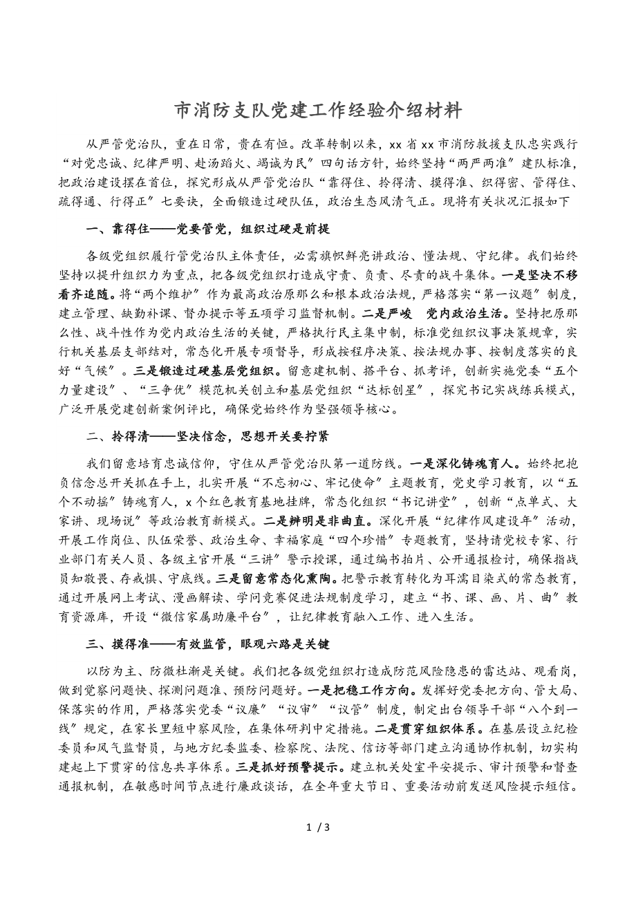 2023年市消防支队党建工作经验介绍材料.doc_第1页