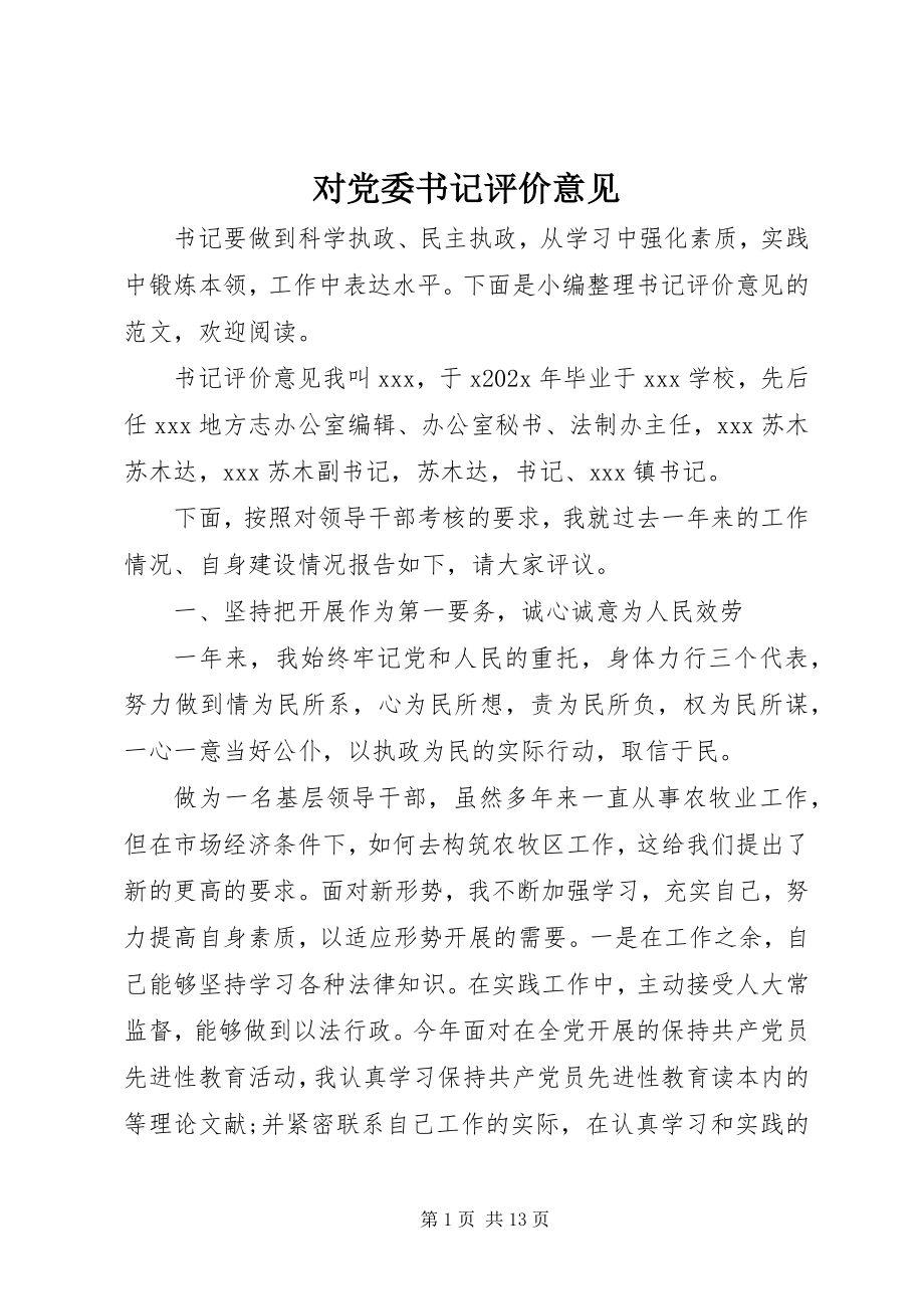 2023年对党委书记评价意见.docx_第1页