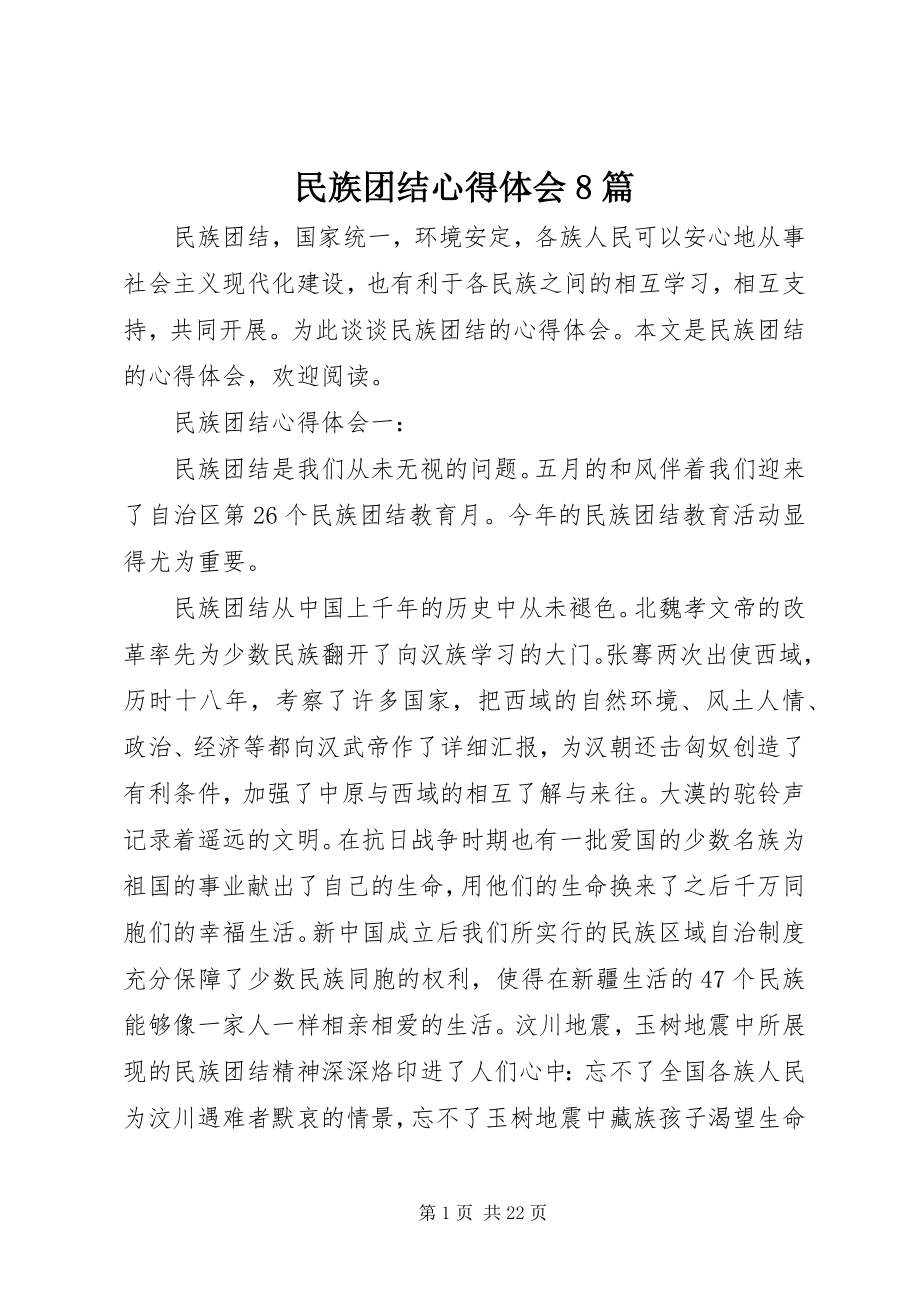 2023年民族团结心得体会8篇.docx_第1页