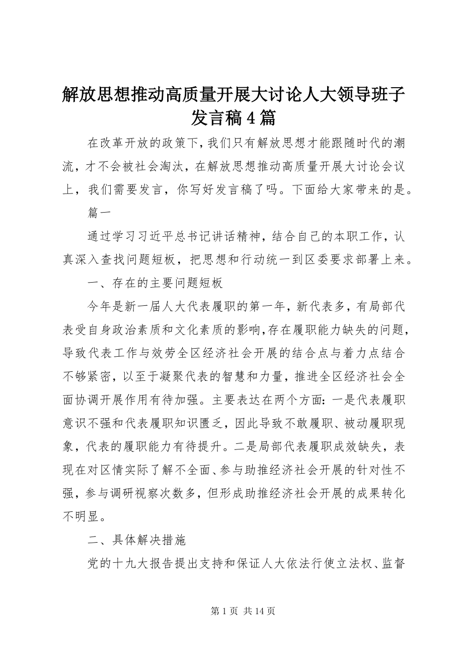 2023年解放思想推动高质量发展大讨论人大领导班子讲话稿4篇.docx_第1页