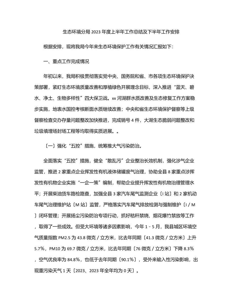 生态环境分局度上半年工作总结及下半年工作安排.docx_第1页