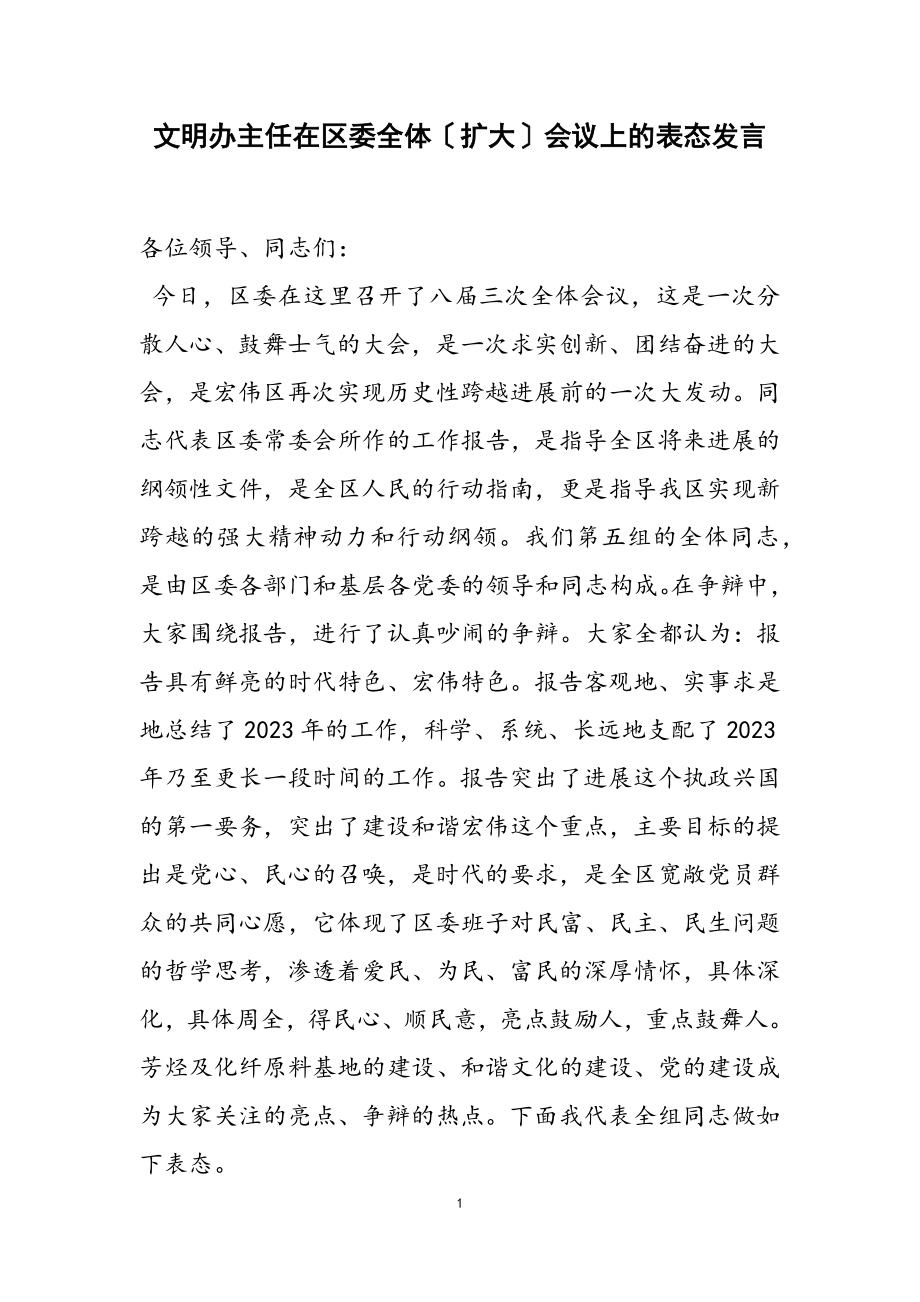 2023年文明办主任在区委全体扩大会议上的表态发言.doc_第1页